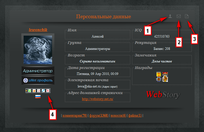 "Профиль, ЛС, Список пользователей...как Dominion"